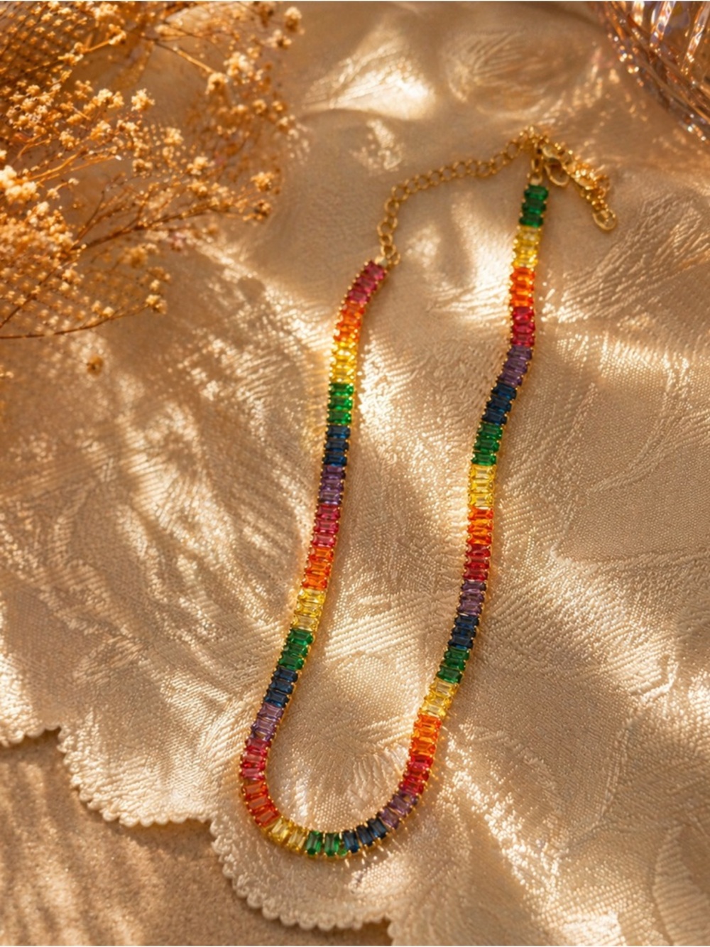 Gold-Plated Rainbow Crystal Necklace - Multicolor